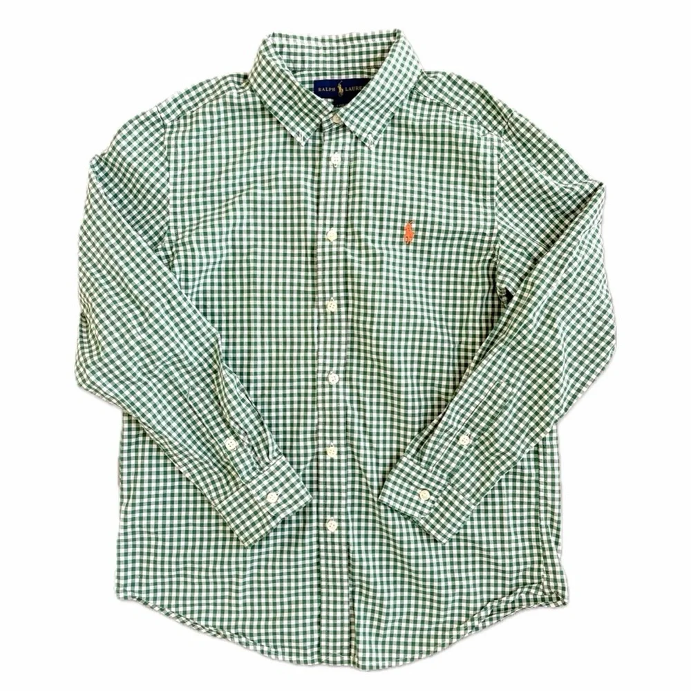 Ralph Lauren Plaid Button Down Shirt Green Gingham Long Sleeve Boys L (14-16)